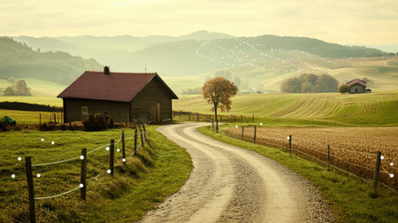 A picturesque rural scene with a rustic house, winding dirt road, and expansive fields. This landscape captures the essence of tranquility and natural beauty in soft lighting.の素材