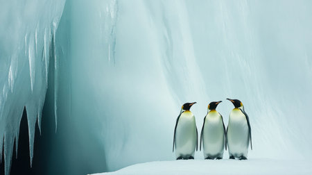 A captivating scene featuring three emperor penguins on an icy surface, surrounded by striking ice formations, showcasing the unique beauty of nature in a polar habitat.の素材