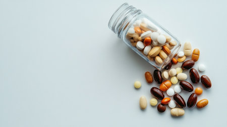Colorful assortment of dietary supplements spilling from a glass jar on a soft blue background, symbolizing health and wellness through diverse nutritional options.の素材