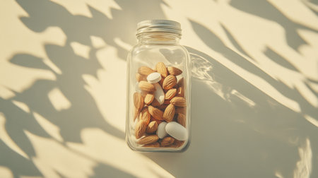 A glass jar showcases a blend of almonds and white pills, emphasized by natural light creating intricate shadows on the surface, representing health and nutrition.の素材