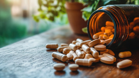 An artistic composition of an open bottle spilling various pills and capsules on a wooden surface, highlighting health and wellness themes with greenery in the background.の素材