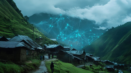 A captivating view of a remote village nestled among mountains, with a digital connection overlay symbolizing the intersection of technology and rural life in a serene landscape.の素材