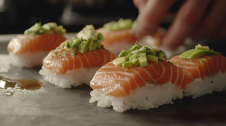 A stunning view of fresh sushi topped with salmon and avocado, prepared to perfection on a slate platter, ideal for food enthusiasts and culinary presentations.の素材