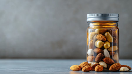 A captivating glass jar filled with various nuts including almonds and cashews, perfect for showcasing healthy eating, snack ideas, and culinary creativity in a kitchen setting.の素材