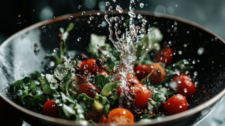 Capturing the essence of fresh ingredients, this vibrant image showcases a splash of water over a salad featuring cherry tomatoes and leafy greens, illustrating culinary delight and freshness.の素材