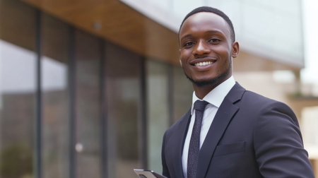 A cheerful businessman stands confidently outdoors, holding a smartphone. His smile and professional attire reflect a successful career and a positive business mindset in an urban environment.の素材