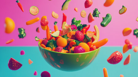 A bright and colorful display of fresh fruits and vegetables in a bowl, set against a vivid backdrop, perfect for healthy eating and nutrition themes.の素材
