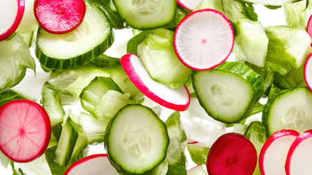 Vibrant and fresh salad ingredients featuring sliced cucumbers and radishes against a bright white background, ideal for healthy eating concepts and culinary inspiration.の素材