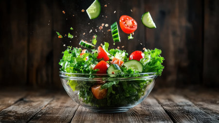 A vibrant salad with fresh greens, juicy tomatoes, and crunchy cucumbers is tossed in the air against a rustic wooden background, highlighting freshness and flavor in every ingredient.の素材