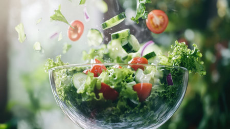 A lively scene features freshly prepared salad ingredients being tossed together in a glass bowl, showcasing vibrant colors and healthy appeal in a sunlit kitchen.の素材