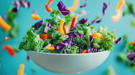 A lively image showcasing a fresh salad with assorted vegetables, suspended in mid-air against a bright blue background, emphasizing freshness and nutrition.の素材