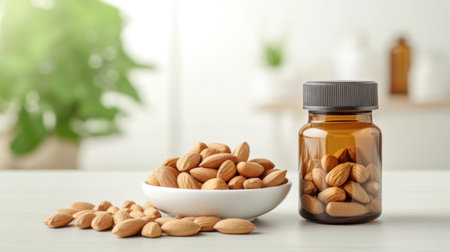 A serene image displaying fresh almonds in a bowl next to a glass jar, set on a light wooden table with a blurred green background, perfect for any health-focused project.の素材