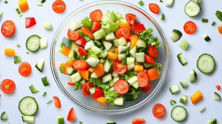 A vibrant bowl of fresh salad featuring cherry tomatoes, cucumbers, and bell peppers, beautifully arranged and surrounded by scattered vegetables on a light background.の素材