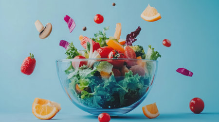 A vibrant and colorful vegetable salad showcases fresh ingredients floating in mid-air, capturing the essence of healthy eating and culinary creativity against a light blue backdrop.の素材