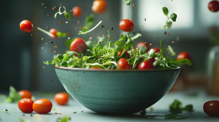 Capture the essence of healthy eating with this dynamic image of fresh salad ingredients as vibrant cherry tomatoes and microgreens fall into a bowl of lettuce.の素材