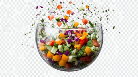 A vibrant and fresh vegetable salad showcasing a mix of colorful ingredients in a glass bowl, perfect for promoting healthy eating and culinary creativity.の素材
