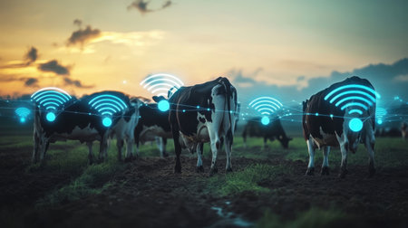 Image of cows in a pasture with digital connectivity symbols depicting smart farming technologies, illustrating the future of agriculture and livestock management in a rural landscape.の素材