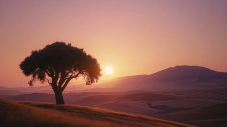 A stunning image showcasing a lone tree silhouette against a vibrant sunset backdrop. The rolling hills and colorful sky evoke a sense of peace and tranquility in nature.の素材