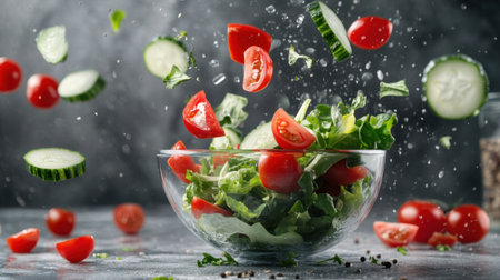 A dynamic and fresh scene featuring flying salad ingredients, including cherry tomatoes, cucumber, and crisp lettuce, showcasing healthy dining and vibrant colors in an action-packed culinary moment.の素材