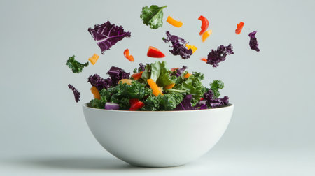 A captivating image of a fresh salad with leafy greens and vibrant vegetables, showcasing healthy eating and culinary creativity in a minimalist design. Perfect for food-related themes.の素材