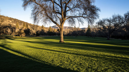 A tranquil green field under soft sunlight showcases a majestic tree, casting long shadows in a peaceful natural setting, inviting relaxation and contemplation.の素材