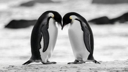Two emperor penguins stand closely together on a snowy beach, displaying a beautiful moment of affection in a serene black and white setting. Perfect for nature lovers.の素材