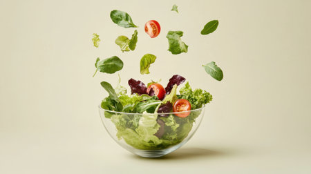 A visually appealing arrangement of fresh salad ingredients showcases crisp greens and ripe tomatoes, creating a delightful and healthy culinary experience in a transparent bowl.の素材
