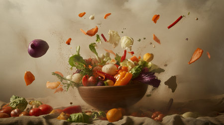 A dynamic scene captures fresh vegetables exploding mid-air over a wooden bowl, illustrating the beauty of cooking and vibrant colors in a healthy culinary setting.の素材
