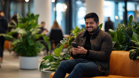A young man enjoys his time on a smartphone while sitting in a vibrant lobby, surrounded by lush plants, reflecting a modern and relaxed atmosphere. Perfect for lifestyle themes.の素材