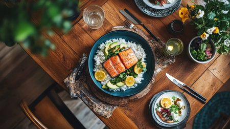 A beautifully presented salmon fillet served on a bed of rice with lemon slices and fresh greens, creating a vibrant and inviting dining experience in a rustic setting.の素材
