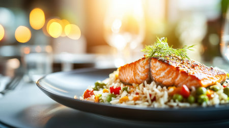 An exquisite grilled salmon fillet beautifully arranged on a plate with vibrant rice and fresh vegetables, offering a delightful dining experience in a warm atmosphere.の素材