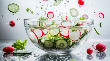 A stunning visual of fresh salad ingredients like sliced cucumbers and radishes tumbling into a bowl, creating a refreshing splash that evokes healthy eating.の素材