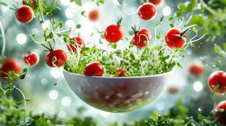 This captivating image features fresh cherry tomatoes and microgreens playfully floating in a bowl, creating an energetic and appealing atmosphere perfect for food photography.の素材