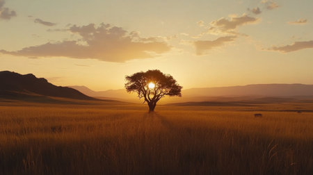 A stunning lone tree stands silhouetted against a vibrant sunset, illuminating a tranquil landscape filled with golden grasses and rolling hills; a perfect depiction of serenity and natural beauty.の素材