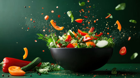 A dynamic scene showcasing vibrant salad ingredients in motion against a dark background, perfect for promoting healthy eating and fresh culinary creations.の素材