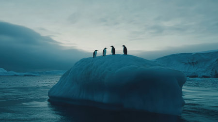 Stunning scene of a group of penguins on an iceberg at dusk, capturing the tranquility of nature in Antarctica with a captivating blend of colors and textures.の素材