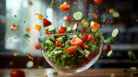 A dynamic shot of fresh salad ingredients in a glass bowl, capturing the essence of healthy eating and culinary creativity, ideal for nutrition and cooking enthusiasts.の素材