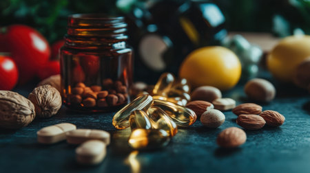 A vibrant collection of dietary supplements, nuts, and fresh ingredients arranged artistically, showcasing a healthy lifestyle and the importance of nutrition for overall wellness.の素材