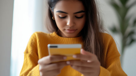 A young woman in a vibrant sweater interacts with her smartphone indoors, showcasing concentration and engagement with digital content in a cozy environment.の素材