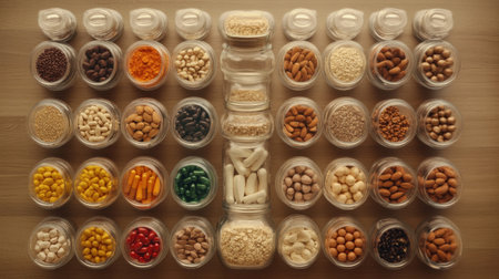 This captivating image showcases a vibrant assortment of dried legumes, seeds, and nuts organized in clear containers, perfect for showcasing healthy cooking and meal preparation ideas.の素材