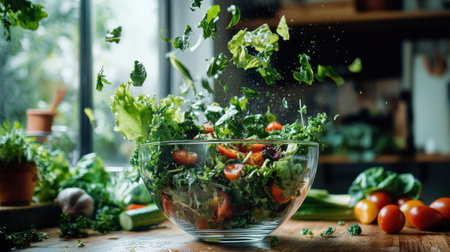 A beautiful display of fresh salad ingredients being tossed in a glass bowl, showcasing vibrant colors and healthy textures, set in a warm, inviting kitchen atmosphere.の素材