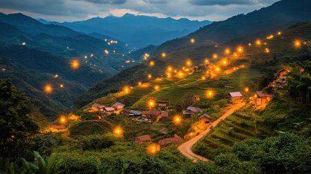 A stunning view of a tranquil valley at dusk, featuring glowing lights from houses, lush greenery, and majestic mountains under a colorful sky, evoking peace and serenity.の素材