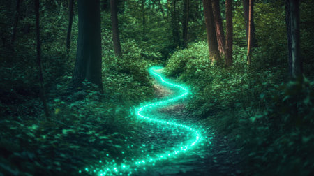 A stunning image of a winding forest pathway illuminated by a vibrant, glowing trail, creating a magical and serene atmosphere amidst the lush greenery of nature.の素材