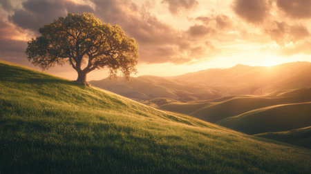 A stunning landscape featuring a solitary tree on rolling hills during sunset, showcasing vibrant colors and evoking a sense of peace and tranquility in nature's embrace.の素材