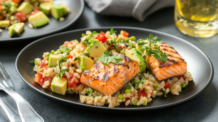 A beautifully plated dish featuring grilled salmon fillets atop a healthy grain salad, accented with fresh avocado, ideal for a nutritious and delicious meal option.の素材