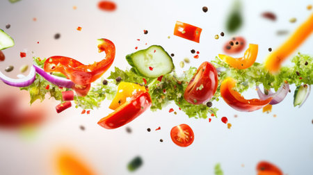 A dynamic composition of colorful vegetables in flight, highlighting freshness and vibrancy, perfect for promoting healthy eating and culinary creativity.の素材