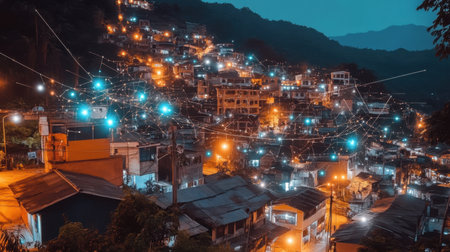 A stunning view of a mountain community at dusk, showcasing bright lights and a warm glow, creating a serene and vibrant atmosphere in an urban landscape.の素材