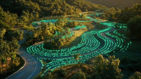 A stunning view of a winding road lined with glowing lights, set in a lush green landscape at sunset, blending nature and modern elements for a captivating scene.の素材