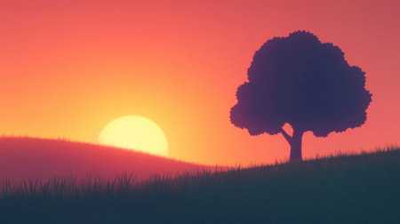 A tranquil scene featuring a tree silhouette framed against a vibrant sunset, casting a peaceful atmosphere over rolling hills and inviting calm contemplation.の素材