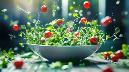 A lively image capturing a bright bowl of salad with cherry tomatoes and microgreens tossed in the air, showcasing freshness and health in a vibrant kitchen setting.の素材